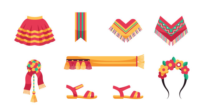 Colorful traditional mexican clothing elements on white background