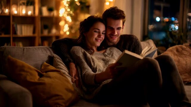 Lovely couple romantic moment. Valentines Day. A man and woman seated on a cozy couch, illuminated by the soft glow of a book they are engrossed in. The room is decorated with a warm, ambient light.