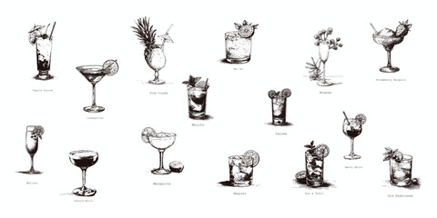 Fototapeta premium Cocktail doodle set, hand drawn vintage cocktail vector illustrations