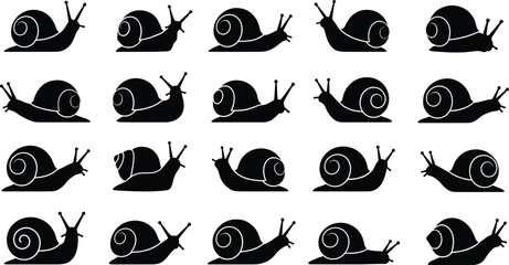 Black snail silhouette vector set, garden gastropod icons, mollusk nature collection for organic design © VectoVerse