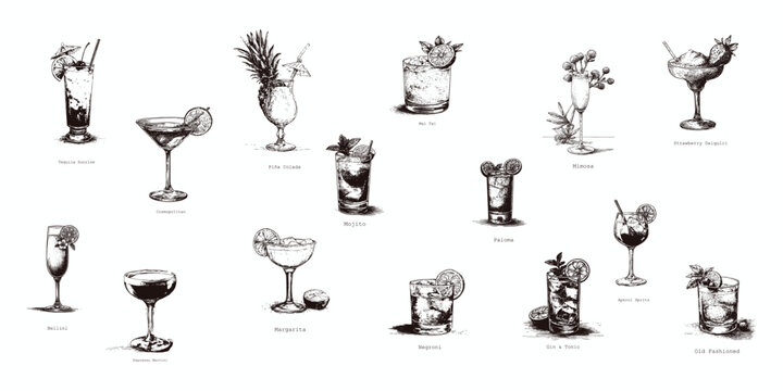 Cocktail doodle set, hand drawn vintage cocktail vector illustrations