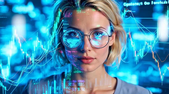 Woman with digital financial charts overlay