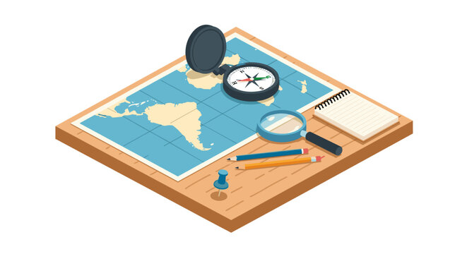 Isometric map with compass and tools for travel planning and exploration