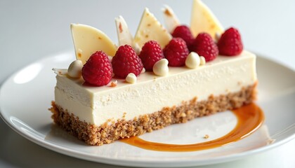 Creamy cheesecake bar with fresh raspberries, white chocolate shards, and caramel drizzle on a white plate. This elegant dessert looks delicious and decadent for any sweet treat occasion.