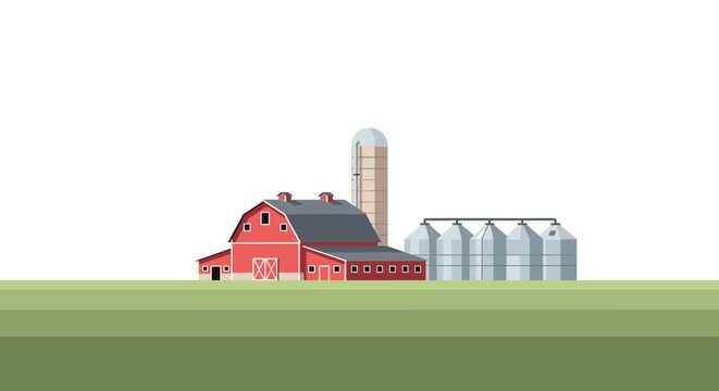 Minimalist farm landscape with barn and silos on green field