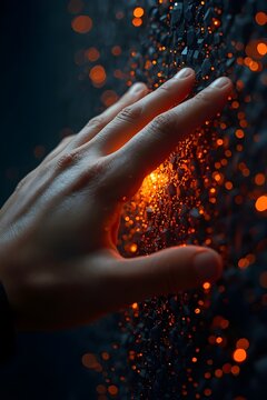 Human hand touching dark textured surface with glowing orange particles