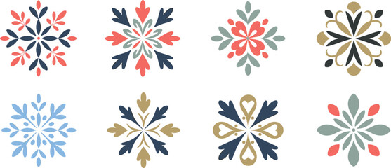 Fototapeta premium Decorative floral ornament collection, symmetrical folk flower motifs set, elegant geometric floral elements, vintage ornamental vector design bundle