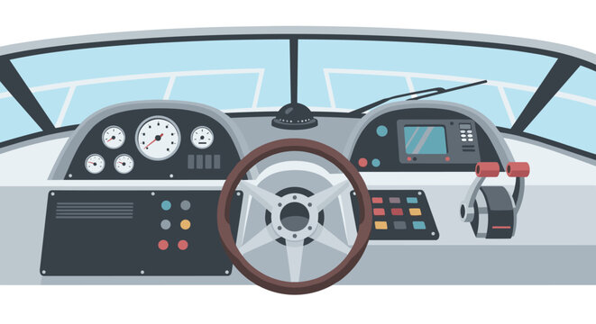 Modern boat cockpit with instruments and steering wheel in flat design