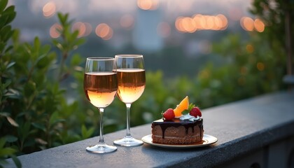 Fototapeta premium Two wine glasses filled with rose wine sit beside chocolate cake with fruit topping on terrace. Blurred city lights glow in background. Perfect for romantic dinner.