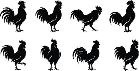 Rooster Silhouette Vector Collection, Black Chicken Icon Set, Farm Animal Poultry Graphics © VectoVerse
