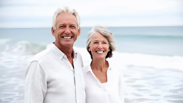Lovely couple romantic moment. Valentines Day. A man and woman standing side by side on a beach, both wearing white clothing and smiling. The background is slightly blurred, emphasizing the couple.