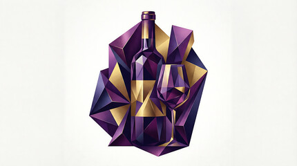 Geometric low poly illustration of a wine bottle and glass. Purple and gold faceted 3D design isolated on white background. Modern abstract art concept for restaurant menu. Copy space for text