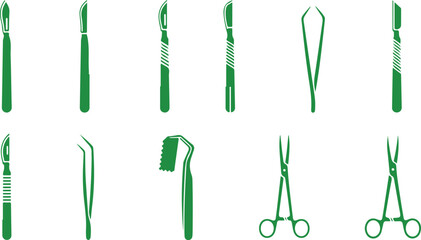 Collection of various medical and surgical instruments illustrated in green isolated on transparent background