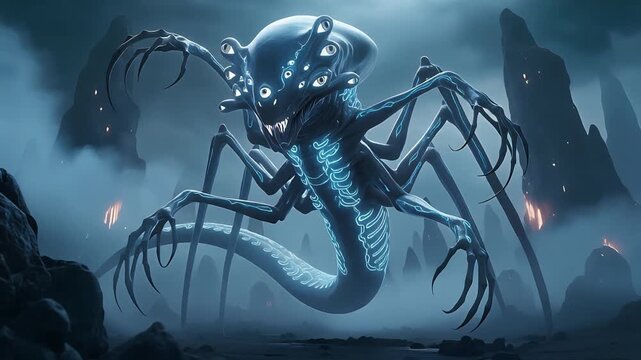 A menacing extraterrestrial behemoth with a multitude of glowing eyes and a sinuous, segmented body stalks an eerie, mist-laden alien world