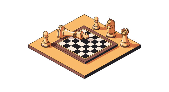 Isometric chess board with pieces on wooden platform
