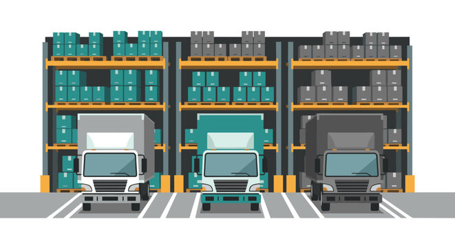 Modern warehouse distribution with delivery trucks and cargo