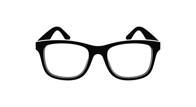 A stark black eyeglasses frame is prominently displayed against a plain white background silhouette high quality