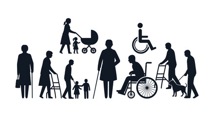 Diverse group of people including those with disabilities depicted in a striking black silhouette high quality © MIRAJ02