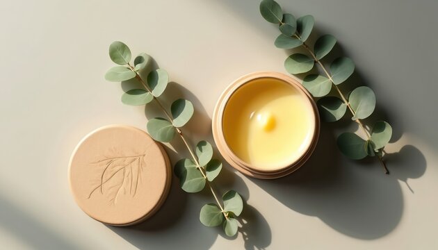 Top view beige jar with yellow balm and eucalyptus sprig. Natural skincare product in simple minimalist packaging. Gentle cosmetic for wellness and beauty routines.