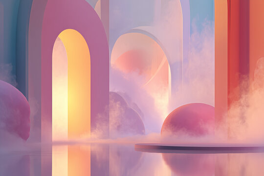Hypnotic Dreamcore Space with Soft Glowing Neon Bands and Diffused Mist, Ultra-Detailed 4K