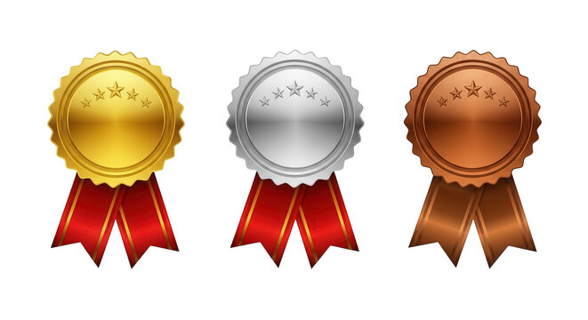 Three golden silver and bronze medals on transparent background isolated