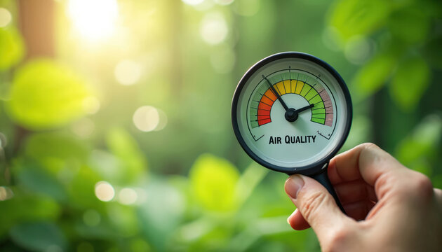 Person holds air quality meter near green leaves. Device measures clean fresh atmosphere in nature. Sun shines through foliage creating bokeh effect.