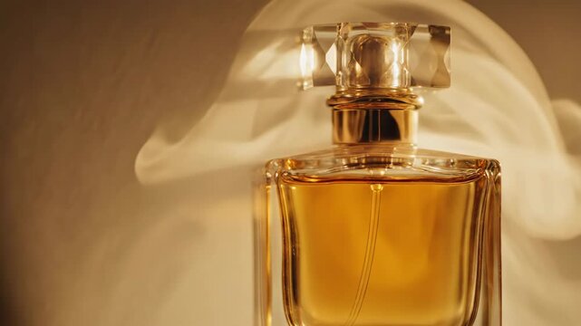 Elegant square perfume bottle with crystal cap and golden liquid, luxury fragrance.