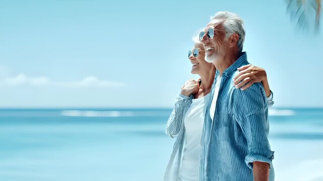 Lovely couple romantic moment. Valentines Day. A man and woman standing side by side on a beach, both wearing white and blue clothing. The man has his arm around the womans shoulder.