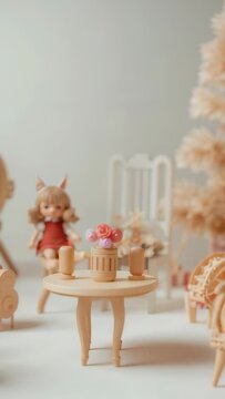 Vertical video: Racking camera revealing mini table on tabletop, showing pink vase, revealing doll