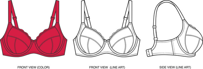 Women's bra technical sketch with front and side views, lingerie fashion design CAD illustration set. © VectoVerse
