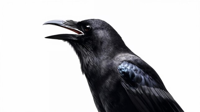 Black Raven Bird Close Up Isolated on White.
Close up of a black raven bird with detailed feathers and open beak isolated on a clean white background.