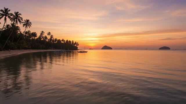 Serene Sunset Over Tropical Beach with Calm Waters and Silhouetted Palm Trees.
