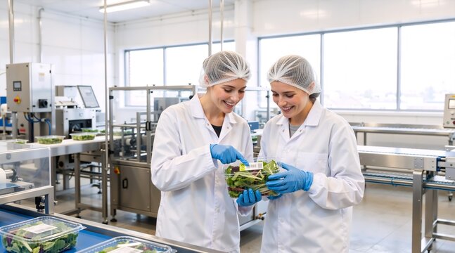 Female workers in lab coats inspecting fresh salad in a food processing plant. Quality control in a food production facility. Industrial packaging and hygiene concept