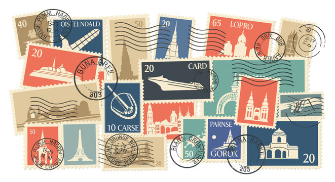 Vintage travel stamps collection with iconic landmarks and postmarks