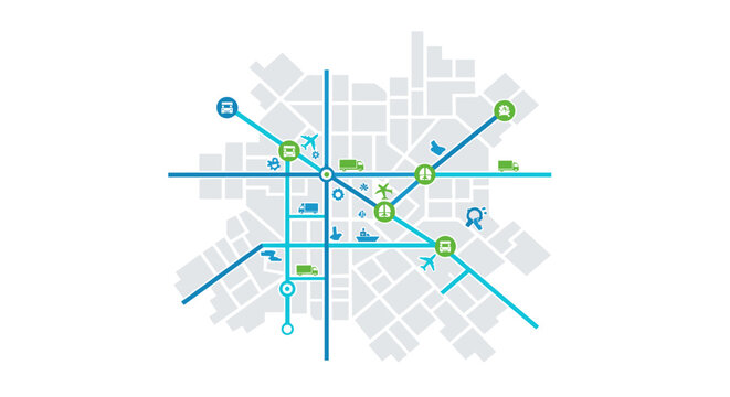 Urban transportation map with transport icons in a simplified layout