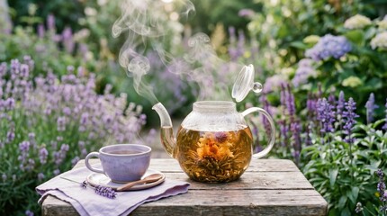 Steaming Herbal Tea in Garden Setting with Lavender and Blooming Flowers