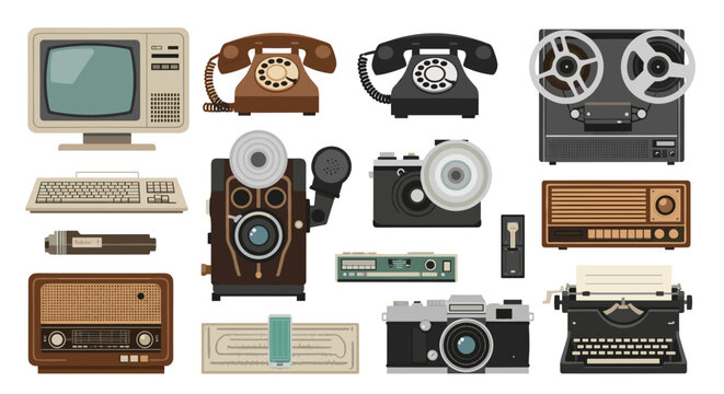 Vintage technology collection featuring retro devices and gadgets in flat design