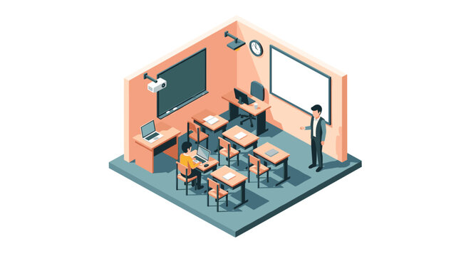 Modern isometric classroom design with teacher and student interaction