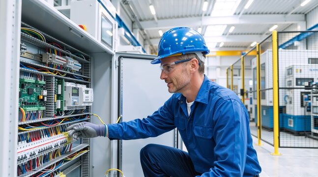 Electrician working on industrial control panel. Male technician in blue jumpsuit and hard hat repairing electrical wiring. Maintenance and engineering in factory setting