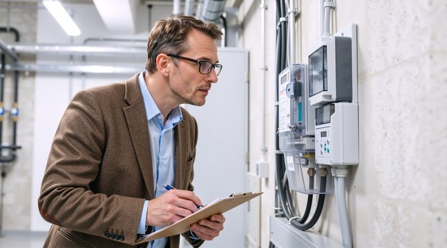 Technician inspecting electrical meter in a utility room. Professional man with clipboard checking energy panel. Industrial maintenance and facility management