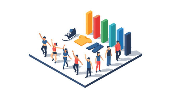 Isometric group of people shopping with fashion and bar graph elements