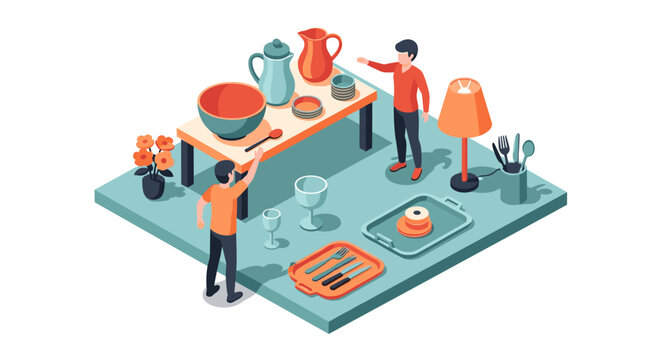 Isometric kitchenware set display with two people arranging dishes and utensils