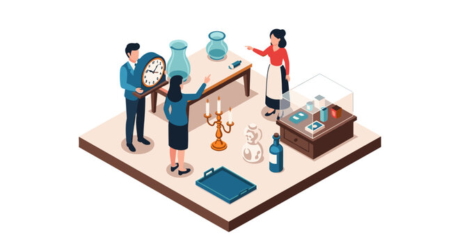 Antiques auction isometric concept with bidders and collectibles in museum setting