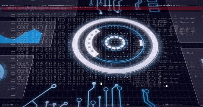 Central HUD rotating and pulsing during system boot, displaying tech data and code overlay