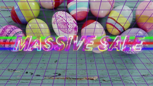 Vertical video: RGB bar sweeping, starting neon MASSIVE SALE popping, eggs sliding for Easter sale