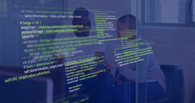 Woman pointing at tablet, man scrolling, working on tech in office, code overlay growing over them