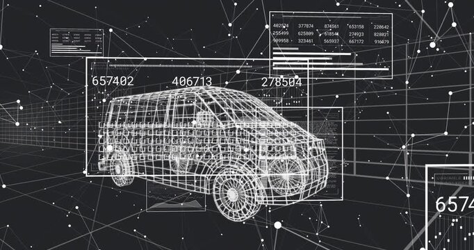Wireframe van suspending amid node grid panels appearing grids mapping numbers scaling for analysis