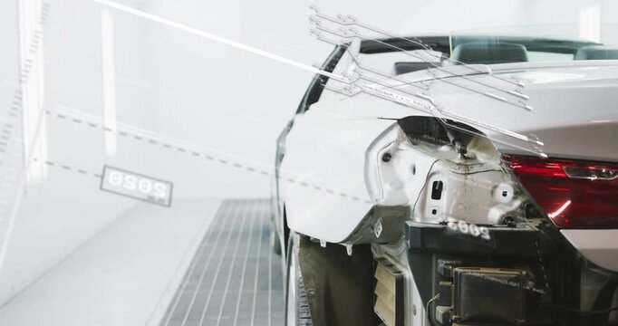 Disassembled sedan receiving diagonal scan in auto bay for inspection, overlays marking taillight