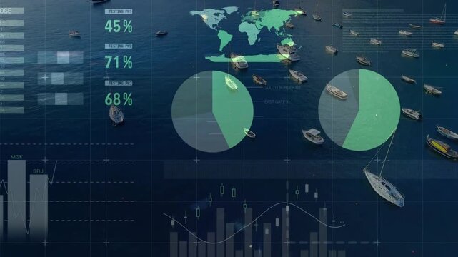 Incoming data feed updating HUD above anchored boats, animating pies, bars, updating % for maritime