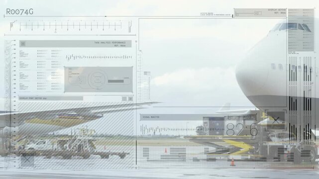 Widebody aircraft nose sitting on airport apron, small jet passing and starting HUD readouts rising